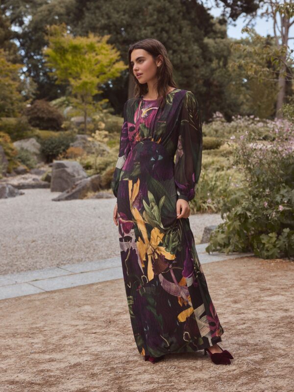 Black Floral Print Kew Collection Long Sleeve Maxi Dress