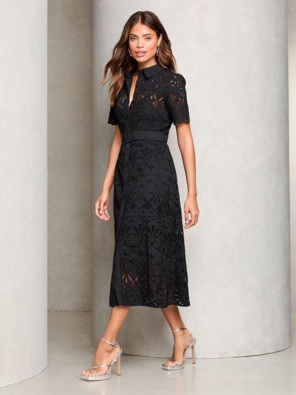 Lipsy Black Premium Broderie Lace Belted 100% Cotton Shirt Midi Dress