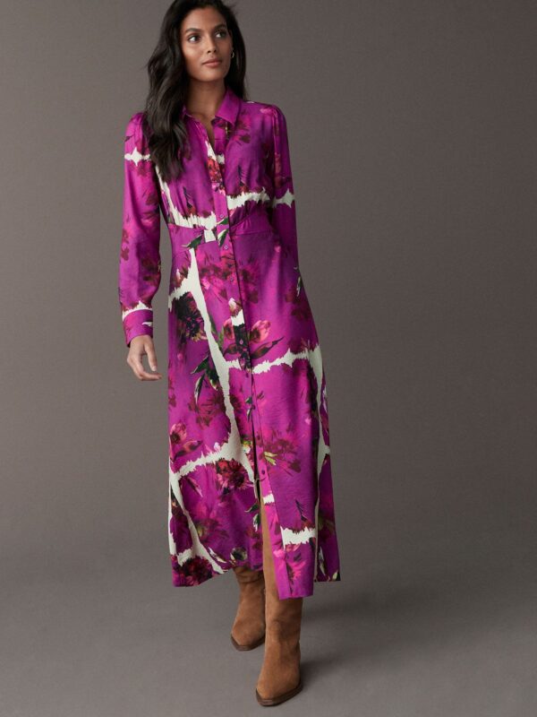 Pink Floral Long Sleeves Midi Shirt Dress